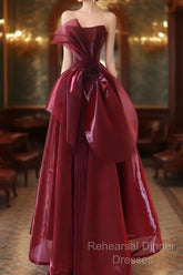 Ball Gown Strapless Burgundy Organza Semi Formal Prom Dresses Evening Dress